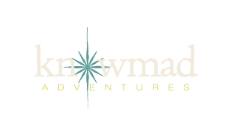 Tan and teal Knowmad logo with compass