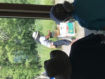 Watching the beekeeper at the Bee Center, photo by Laura Cogswell.
